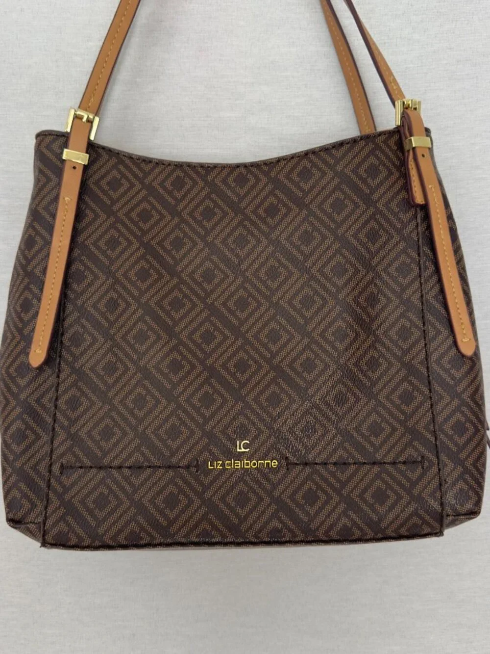 LIZ CLAIBORNE GEOMETRIC BROWN SHOULDER BAG GOLD HARDWARE ZIP SNAP INNER POCKETS